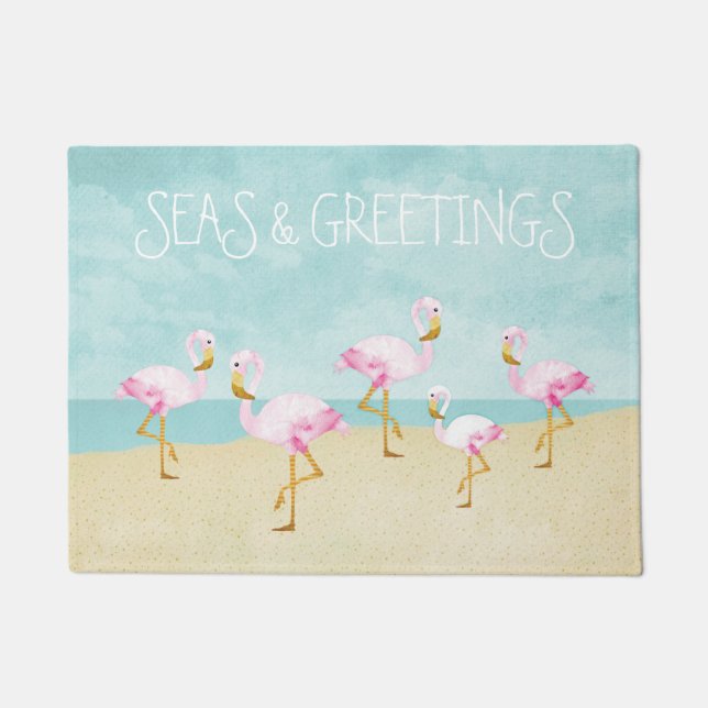 Paillasson Mers et Flamants roses de rose d'aquarelle de (Devant)