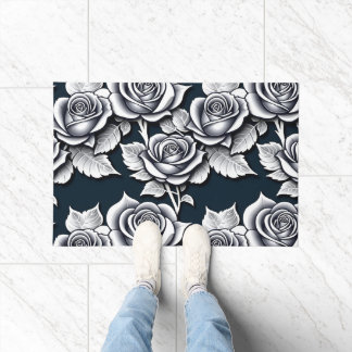 Paillasson Metallic Silver Roses With Teal Leaves 