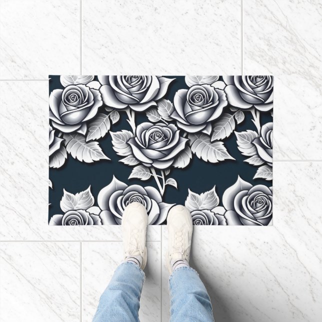 Paillasson Metallic Silver Roses With Teal Leaves  (Intérieur)