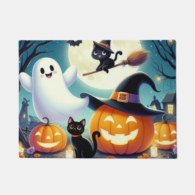 Paillasson Mignonne, citrouille d'Halloween, chat & fantôme (Devant)
