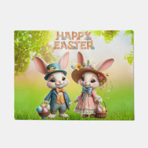 Paillasson Mignonne, Whimsical Joyeuse Pâques avec 2 lapins