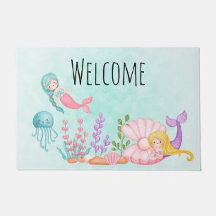 Paillasson Mignonnes sirènes sous la mer Aquarelle Bienvenue
