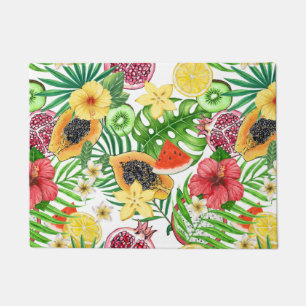 Paillasson Mix-fruit tropical, fleurs et feuilles sur blanc