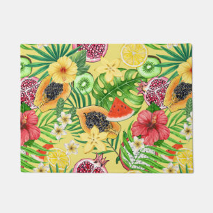 Paillasson Mix-fruit tropical, fleurs et feuilles sur jaune