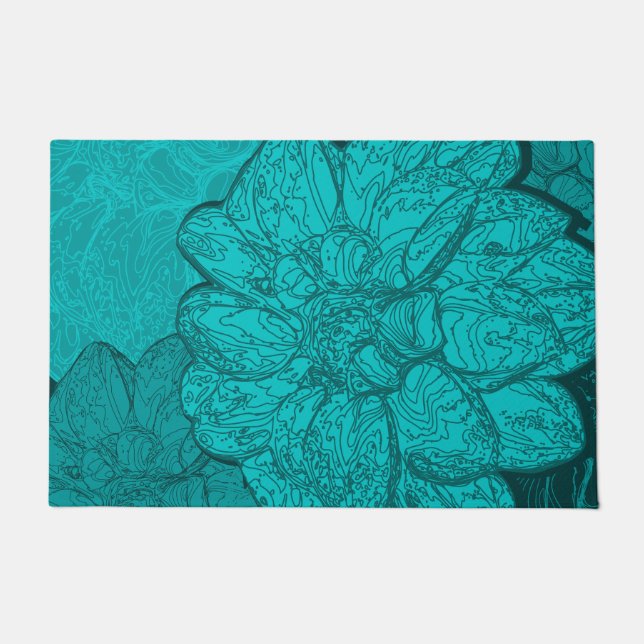 Paillasson Modèle floral monochrome turquoise Dahlia (Devant)