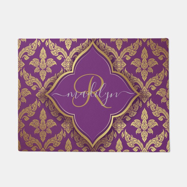 Paillasson Modèle Royal Purple Gold Damask Motif Fleur Monogr (Devant)