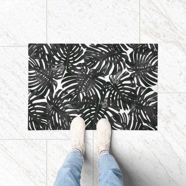 Paillasson Modèle Tropical moderne Noir Blanc Palm Feuilles (Intérieur)