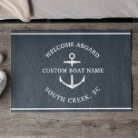 Paillasson Modern Custom Boat Name Welcome Aboard Anchor<br><div class="desc">Nautical boating doormat in muted navy reading "welcome aboard" as well as your custom boat name and location.</div>