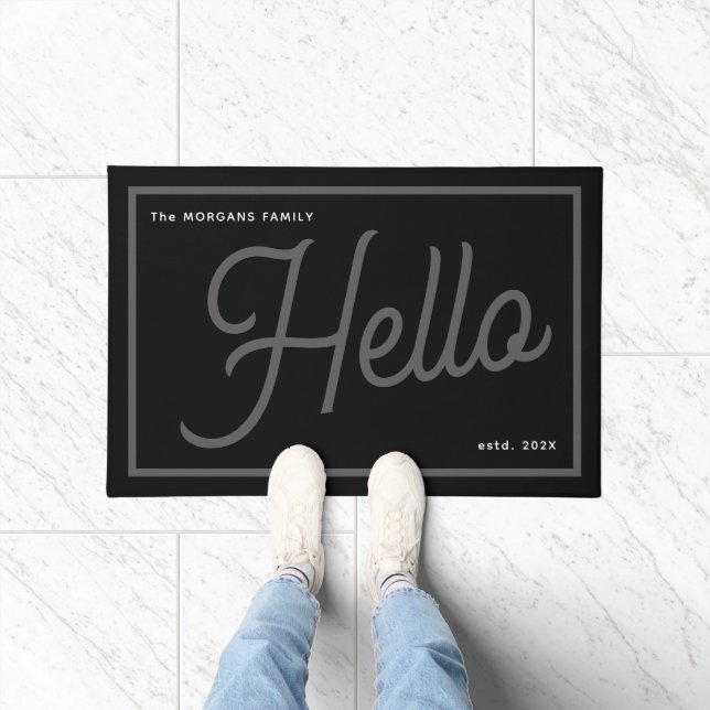 Paillasson Modern Hello Grey White Script Family Name (Intérieur)