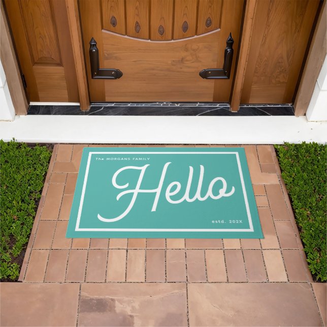 Paillasson Modern Hello Teal White Script Family Name (De plein air)
