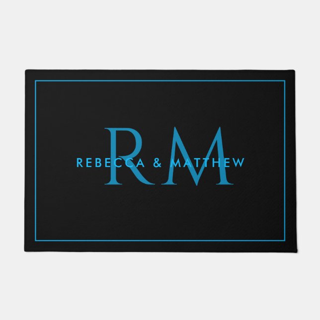 Paillasson Modern Minimalist Blue Black Couple Monogram (Devant)