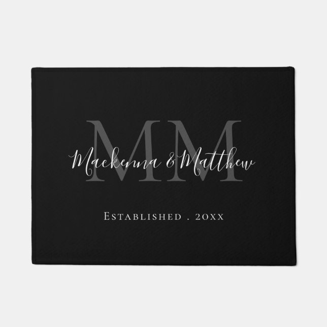 Paillasson Moderne Elegant noir blanc nouveau Monogramme Nom (Devant)