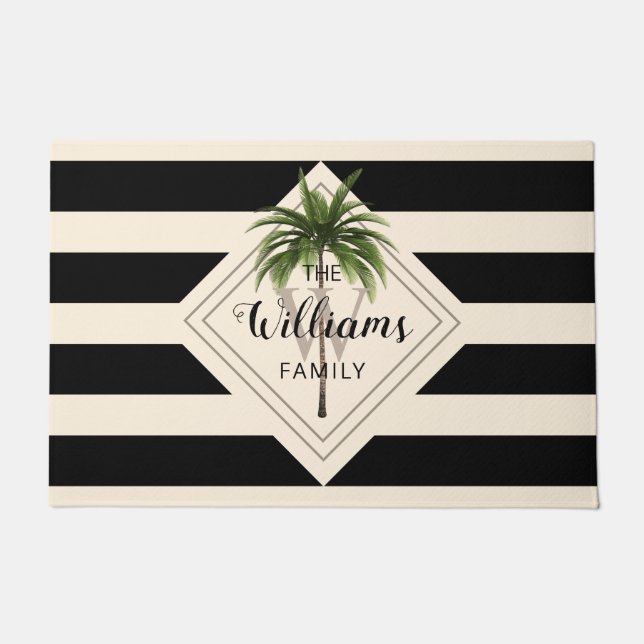 Paillasson Moderne Tropical Beach Palm Tree Script Monogramme (Devant)