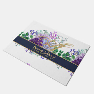 Paillasson Monogram Blue Purple Floral Gold Newlyweds Wedding