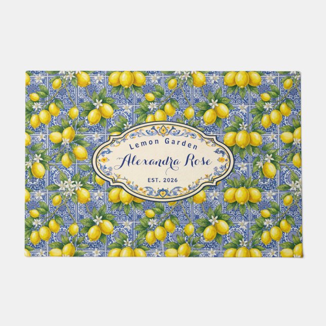 Paillasson Monogram Name Lemon Blue French Country Tile  (Devant)