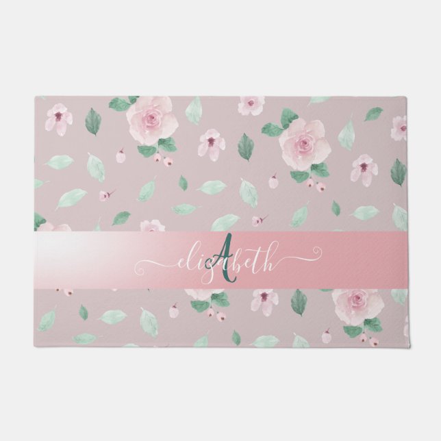 Paillasson Monogramme Chic Fleurs Aquarelles (Devant)