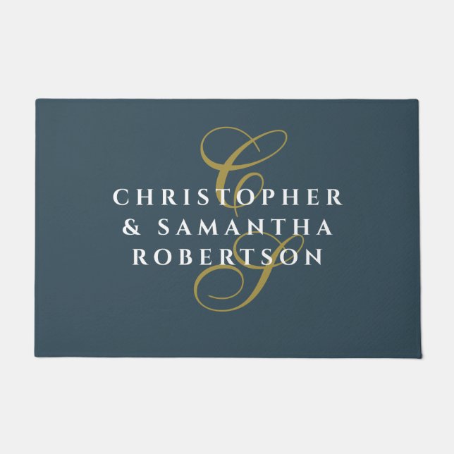 Paillasson Monogramme Couple Bleu Sarcelle Or Blanc Minimalis (Devant)