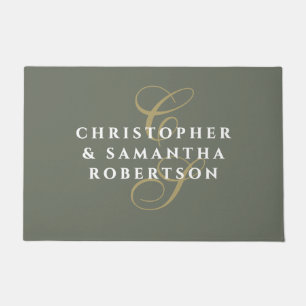Paillasson Monogramme Couple Vert Olive Or Blanc Minimaliste 