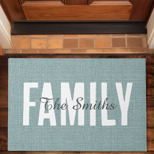 Paillasson Monogramme de famille en toile de jute bleue rusti