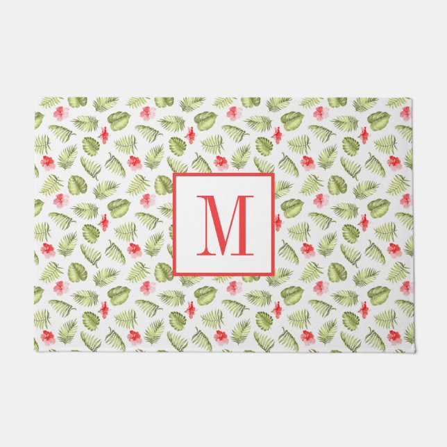 Paillasson Monogramme de feuilles de palmier tropical moderne (Devant)