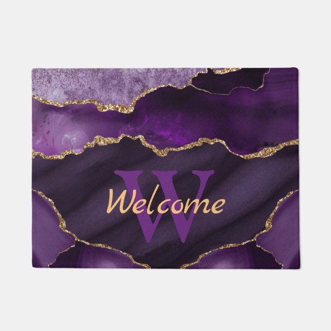 Paillasson Monogramme de marbre d'agate à paillettes violette (Devant)