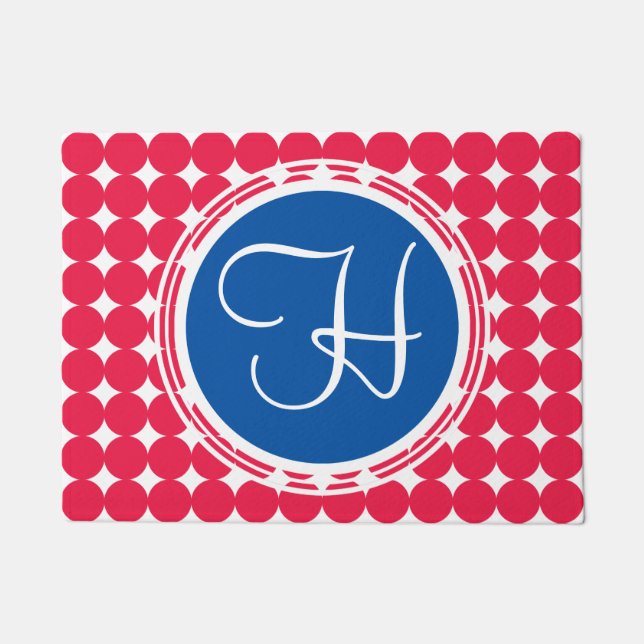 Paillasson Monogramme de point Polka bleu et rouge (Devant)