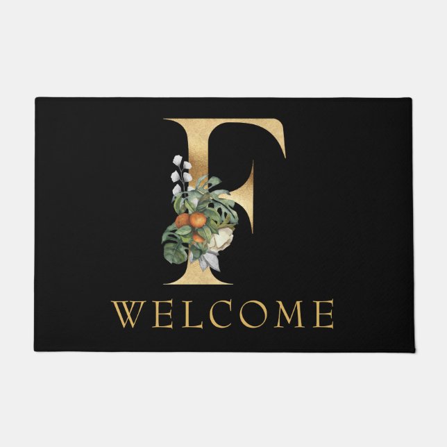 Paillasson Monogramme d'or classique F avec natte de fruits (Devant)
