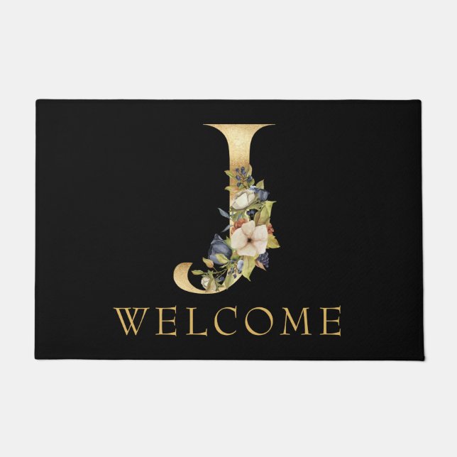 Paillasson Monogramme d'or classique J avec arrangement flora (Devant)