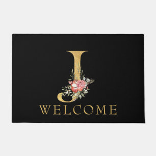 Paillasson Monogramme d'or classique J avec natte de fleurs r