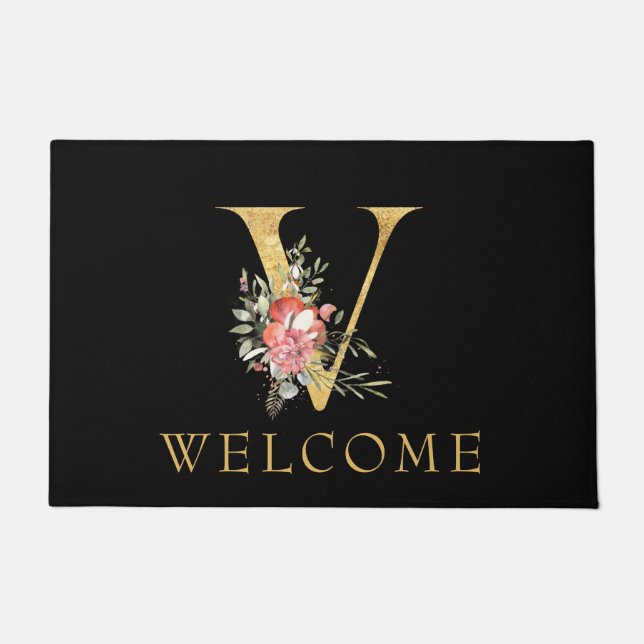 Paillasson Monogramme d'or classique V avec natte de fleurs r (Devant)