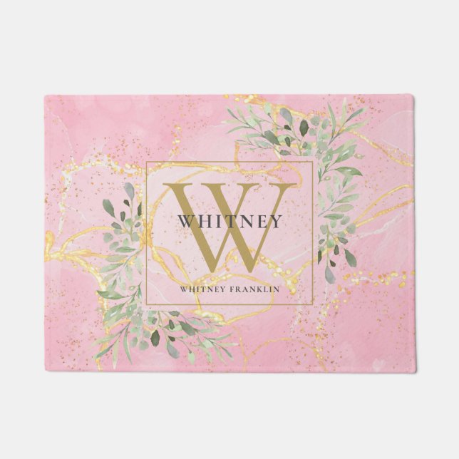 Paillasson Monogramme doré de verdure Géode d'agate rose (Devant)