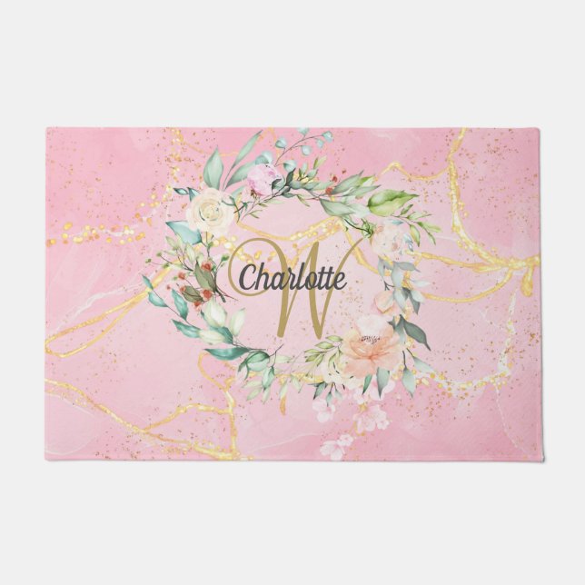 Paillasson Monogramme en écriture dorée Fleur rose sur agate  (Devant)
