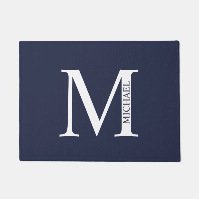 Paillasson Monogramme et nom personnalisés bleu marine (Devant)