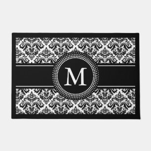 Paillasson Monogramme floral de motif de damassé blanche