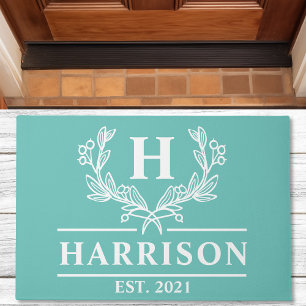 Paillasson Monogramme Laurier sarcelle personnalisé