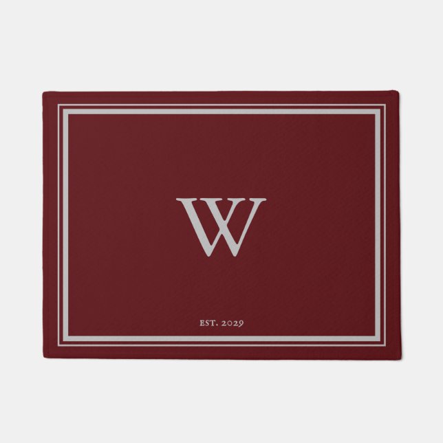 Paillasson Monogramme minimal Bienvenue Maroon rouge | Gris (Devant)