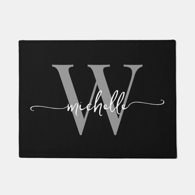 Paillasson Monogramme moderne Elegant Black Grey Nom Script (Devant)