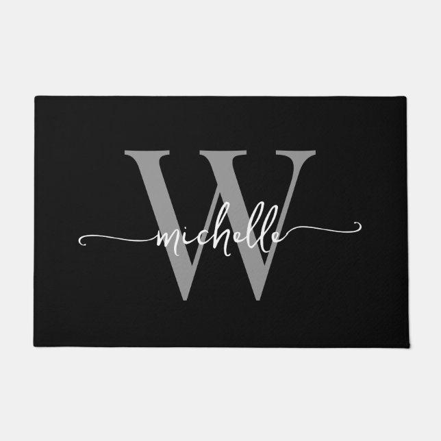 Paillasson Monogramme moderne Elegant Black Grey Nom Script (Devant)