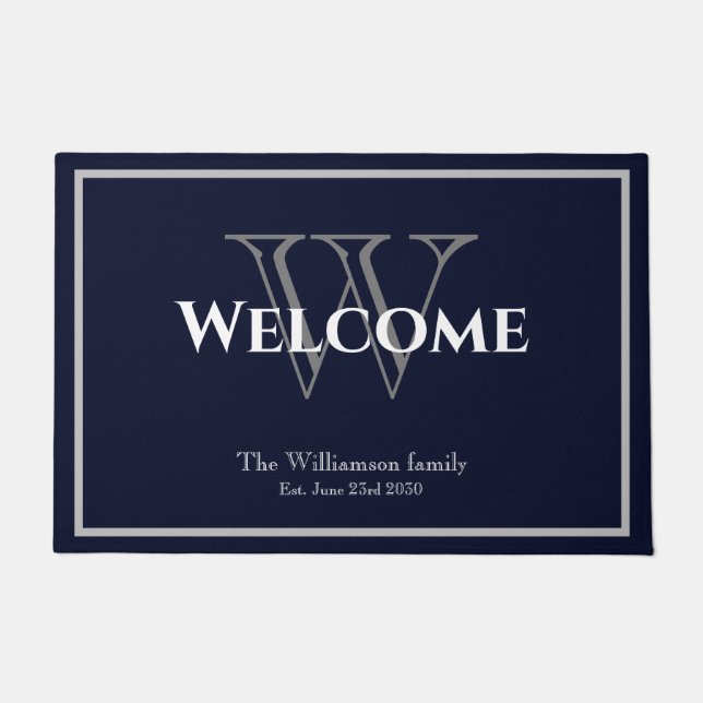 Paillasson Monogramme moderne et nom Script Mariage chic Bien (Devant)