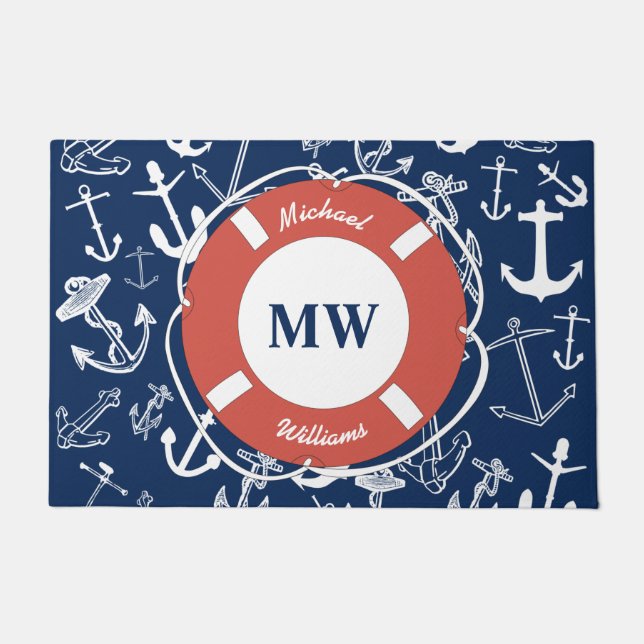Paillasson Monogramme nautique Ancre bleu marine Motif (Devant)