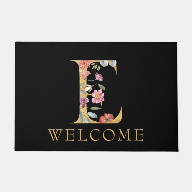 Paillasson Monogramme Or Classé E avec mat de porte à fleurs  (Devant)