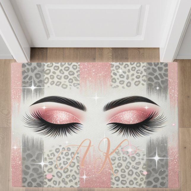 Paillasson Monogramme Parties scintillant Eyelashes (Glam pink glitter lashes doormat — personalized bachelorette gift for bride or beauty lover)