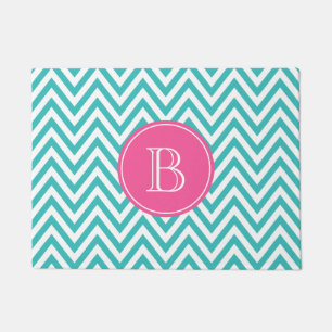 Paillasson Monogramme personnalisé Turquoise et rose chaud