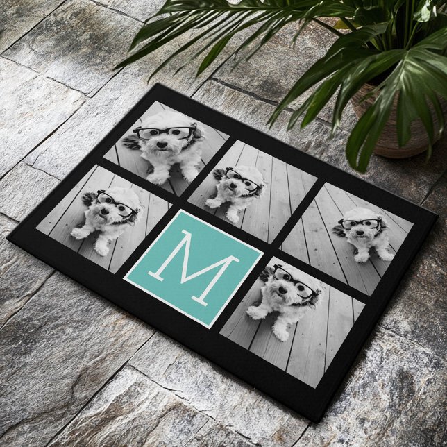 Paillasson Monogramme photo Collage turquoise et noir Instagr (Custom Welcome Mat)