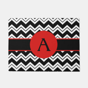 Paillasson Monogramme rouge initial noir blanc Chevron ZigZag