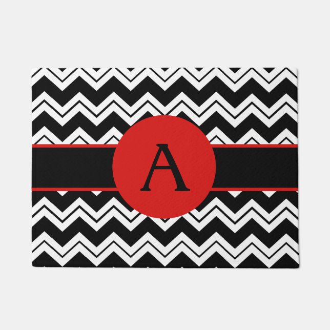 Paillasson Monogramme rouge initial noir blanc Chevron ZigZag (Devant)