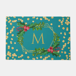 Paillasson Monogramme Turquoise d'or Joyeux Noël Holly Partie