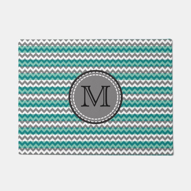 Paillasson Monogramme Turquoise et Grey Chevron Zigzag (Devant)
