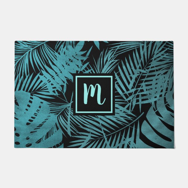 Paillasson Monogramme turquoise palme tropicale motif moderne (Devant)