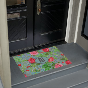 Paillasson Monogramme Turquoise Paris Aquarelle Fleurs Porte